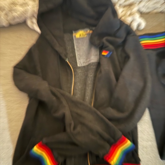Aviator Nation Charcoal Hoodie and Sweatpants Set with Rainbow Stripe Cuffs - Picture 3 of 5